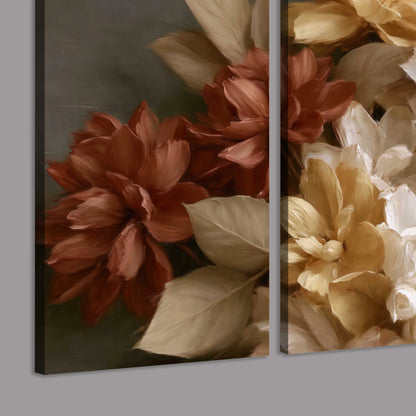 Full cream and rust-colored peonies in a softly shadowed still-life arrangement 3 piece canvas wall art room and product view