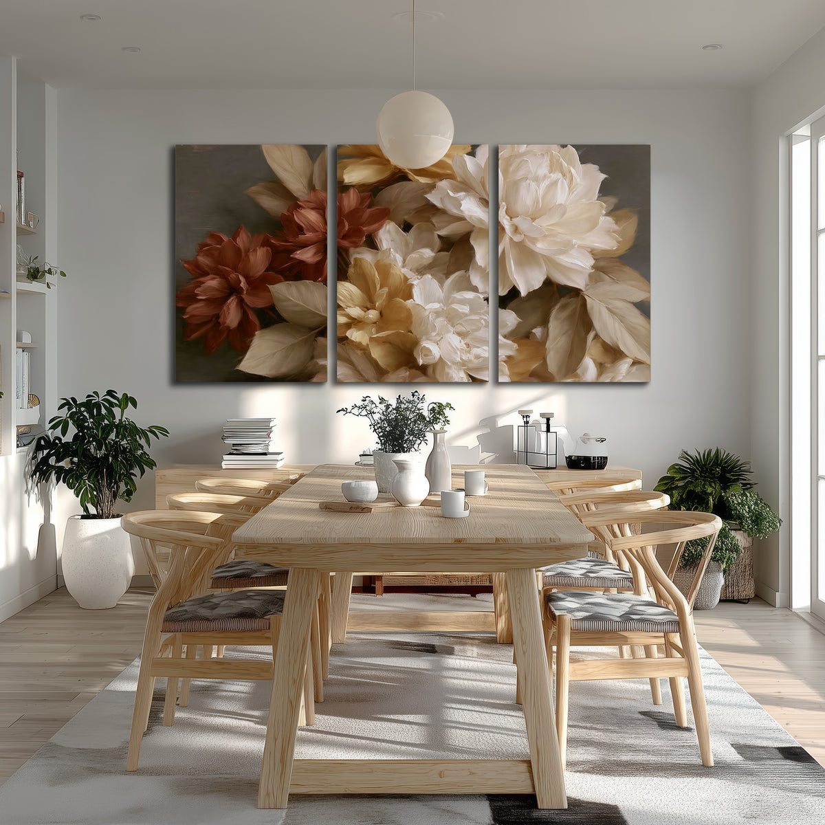 Full cream and rust-colored peonies in a softly shadowed still-life arrangement 3 piece canvas wall art room and product view