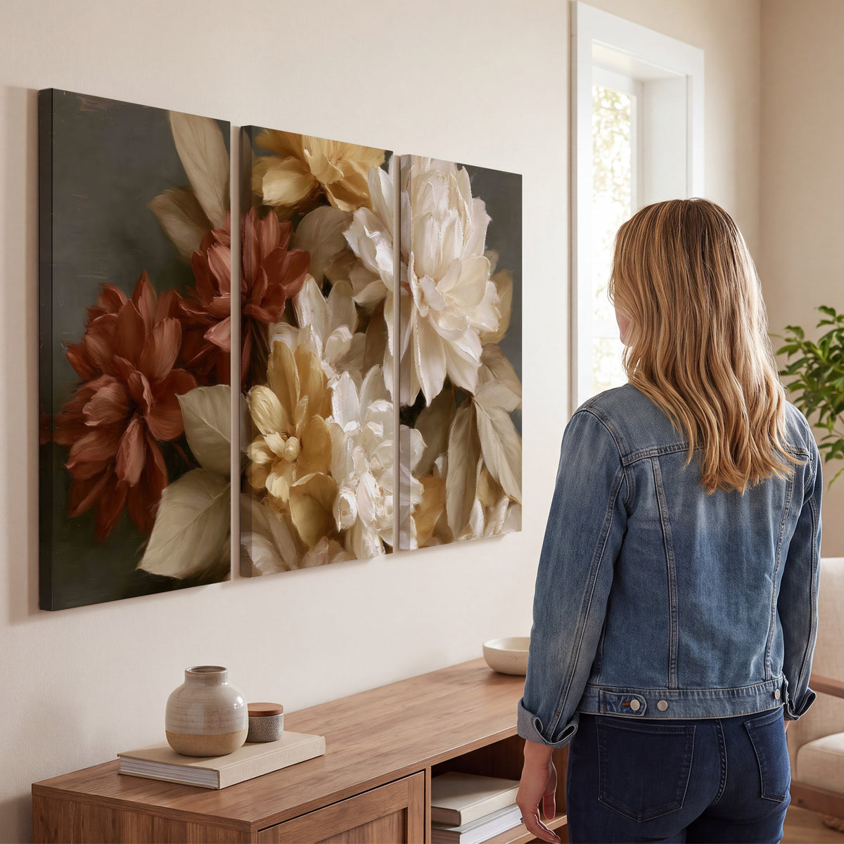 Full cream and rust-colored peonies in a softly shadowed still-life arrangement 3 piece canvas wall art three panel arrangement on a wall