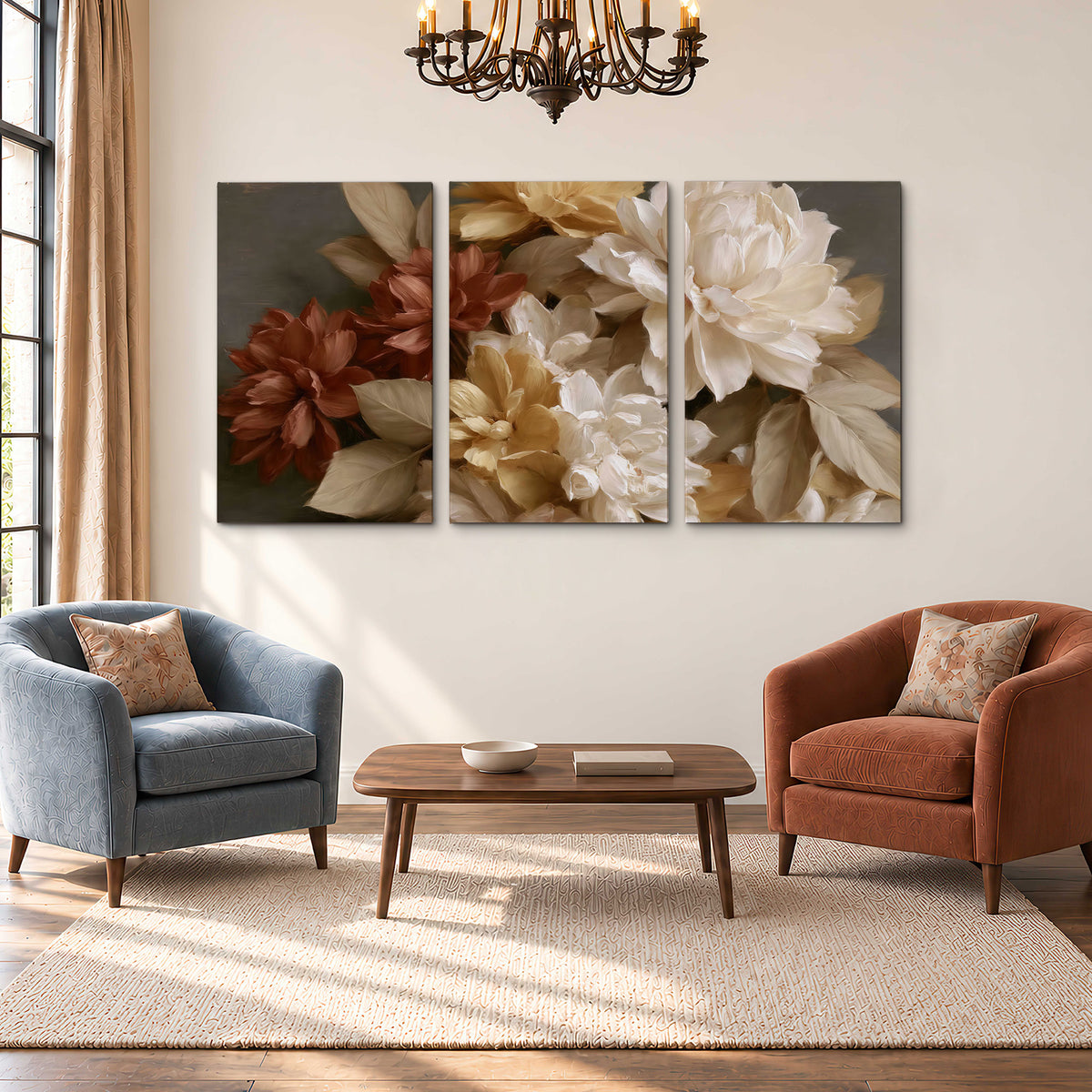 Full cream and rust-colored peonies in a softly shadowed still-life arrangement 3 piece canvas wall art styled in an interior