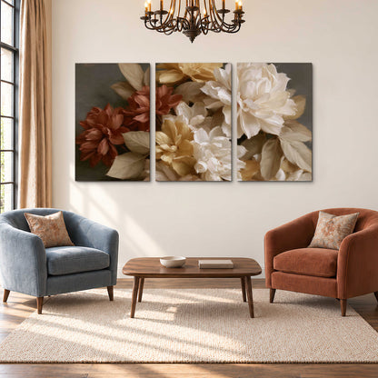 Full cream and rust-colored peonies in a softly shadowed still-life arrangement 3 piece canvas wall art styled in an interior