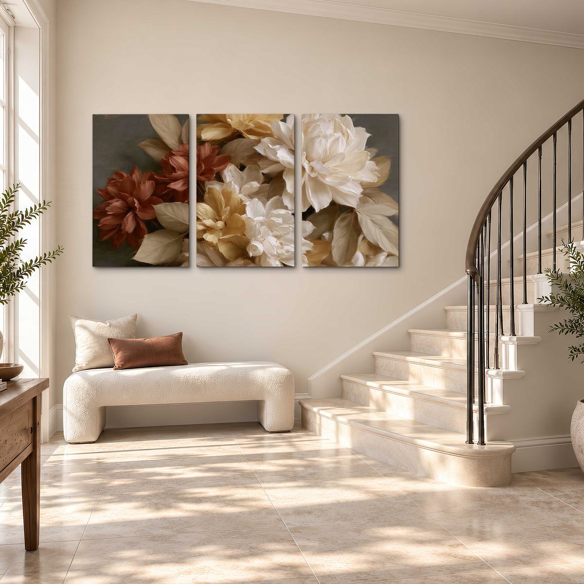 Full cream and rust-colored peonies in a softly shadowed still-life arrangement 3 piece canvas wall art styled in an interior