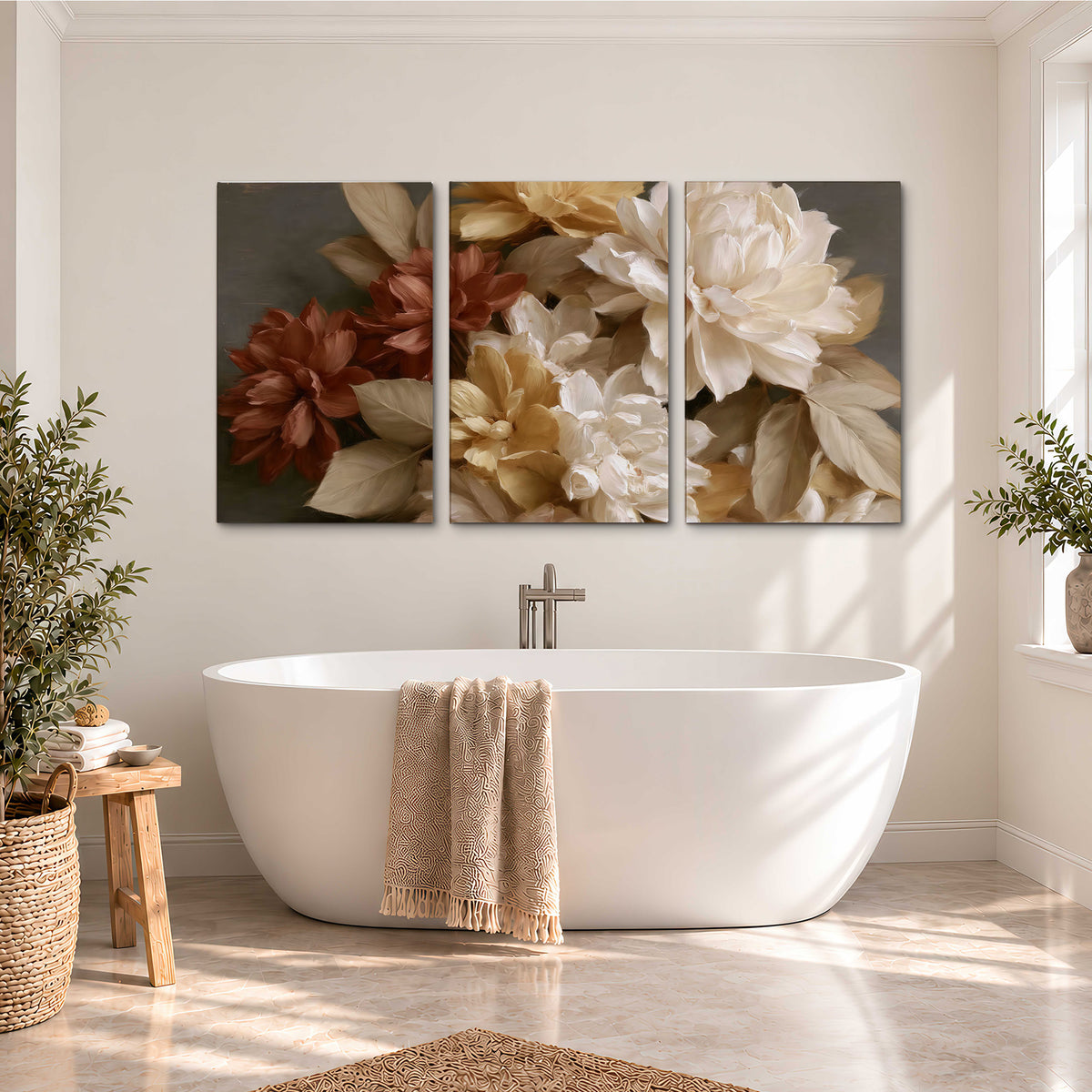 Full cream and rust-colored peonies in a softly shadowed still-life arrangement 3 piece canvas wall art styled in an interior
