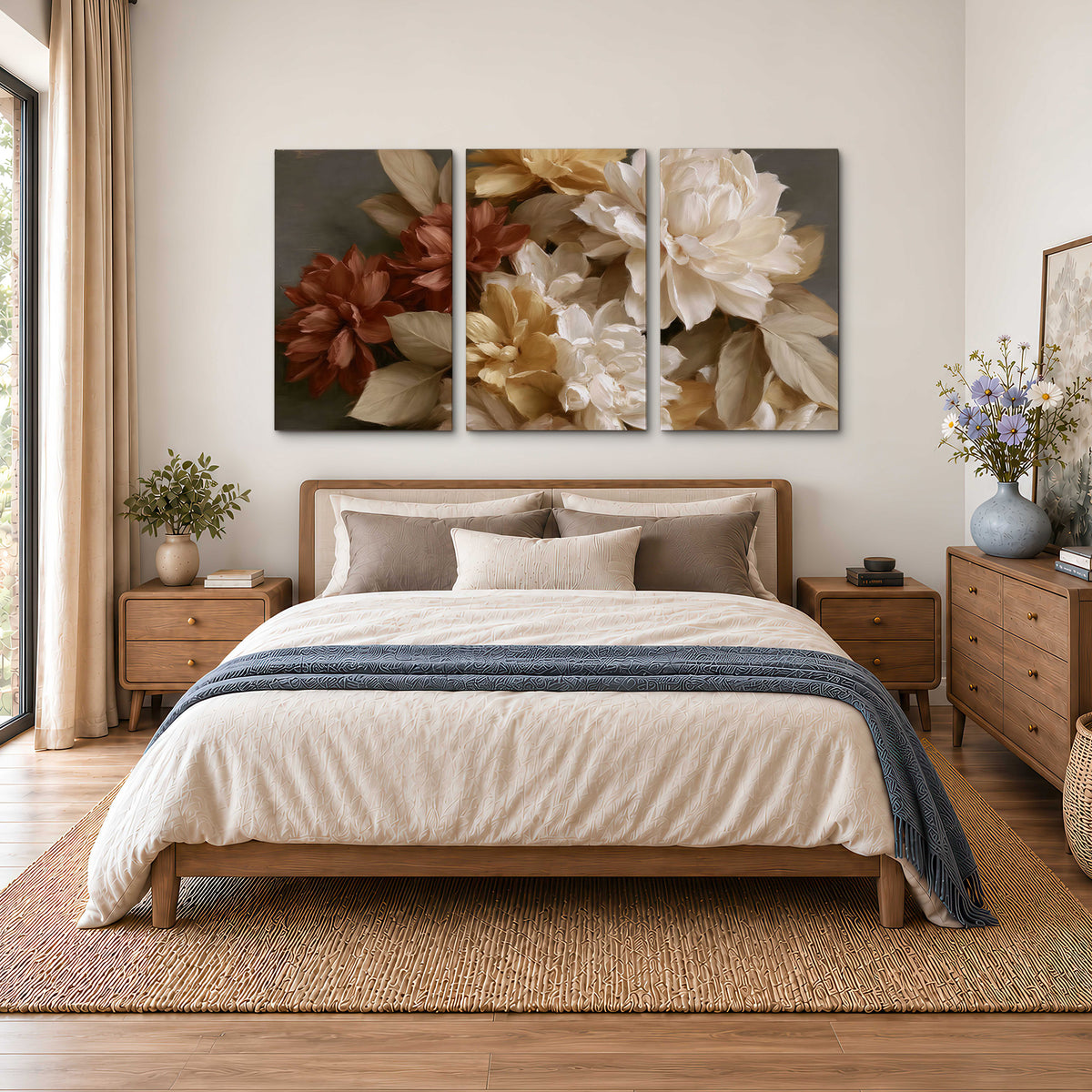 Full cream and rust-colored peonies in a softly shadowed still-life arrangement 3 piece canvas wall art styled in an interior