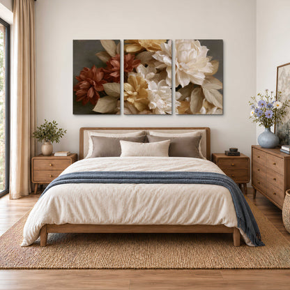 Full cream and rust-colored peonies in a softly shadowed still-life arrangement 3 piece canvas wall art styled in an interior
