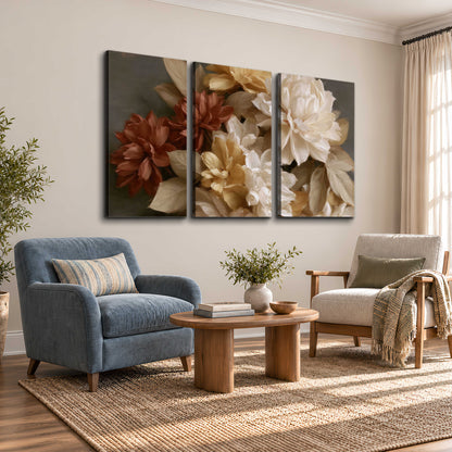 Full cream and rust-colored peonies in a softly shadowed still-life arrangement 3 piece canvas wall art styled in an interior