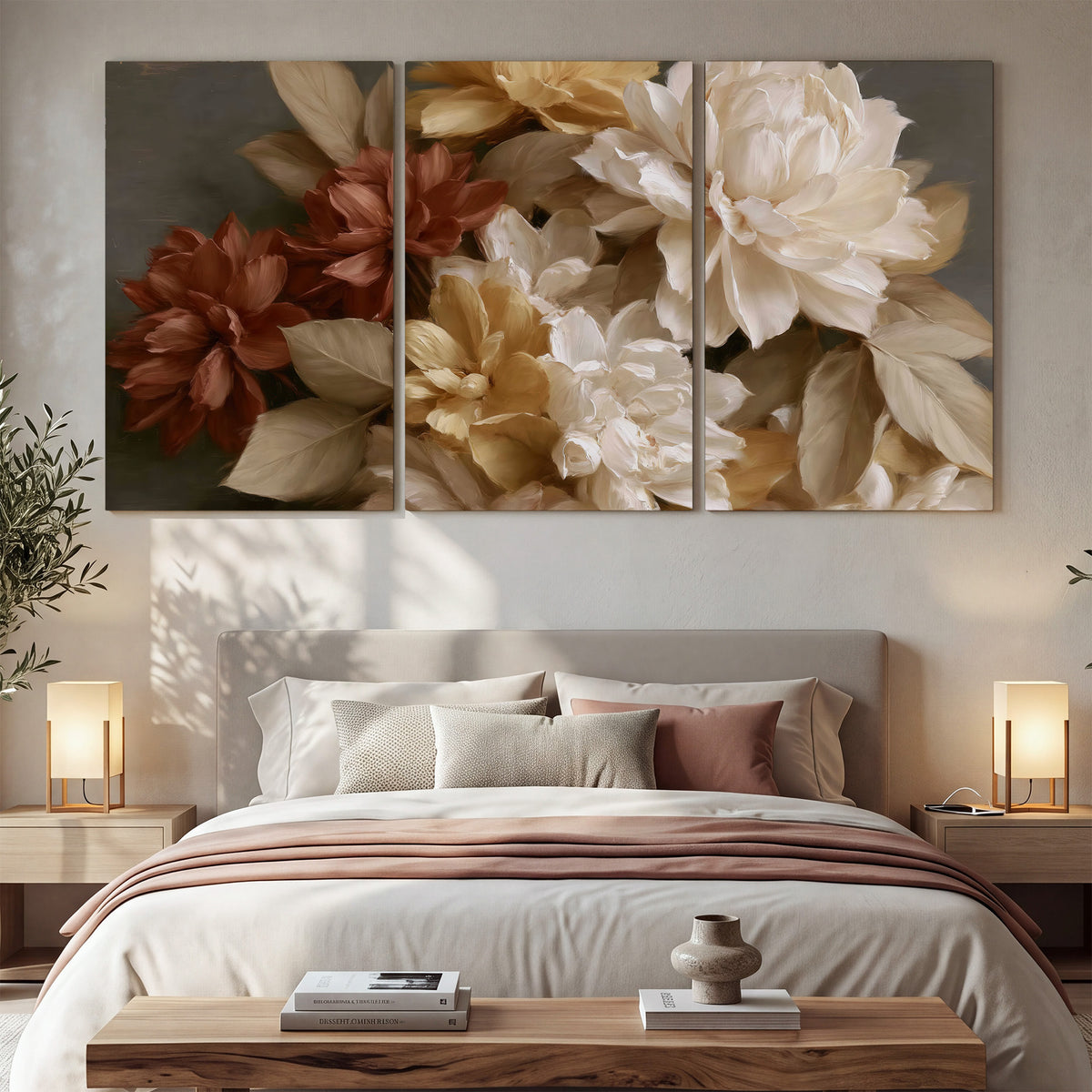 Full cream and rust-colored peonies in a softly shadowed still-life arrangement 3 piece canvas wall art displayed in a bedroom