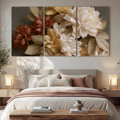 Full cream and rust-colored peonies in a softly shadowed still-life arrangement 3 piece canvas wall art displayed in a bedroom