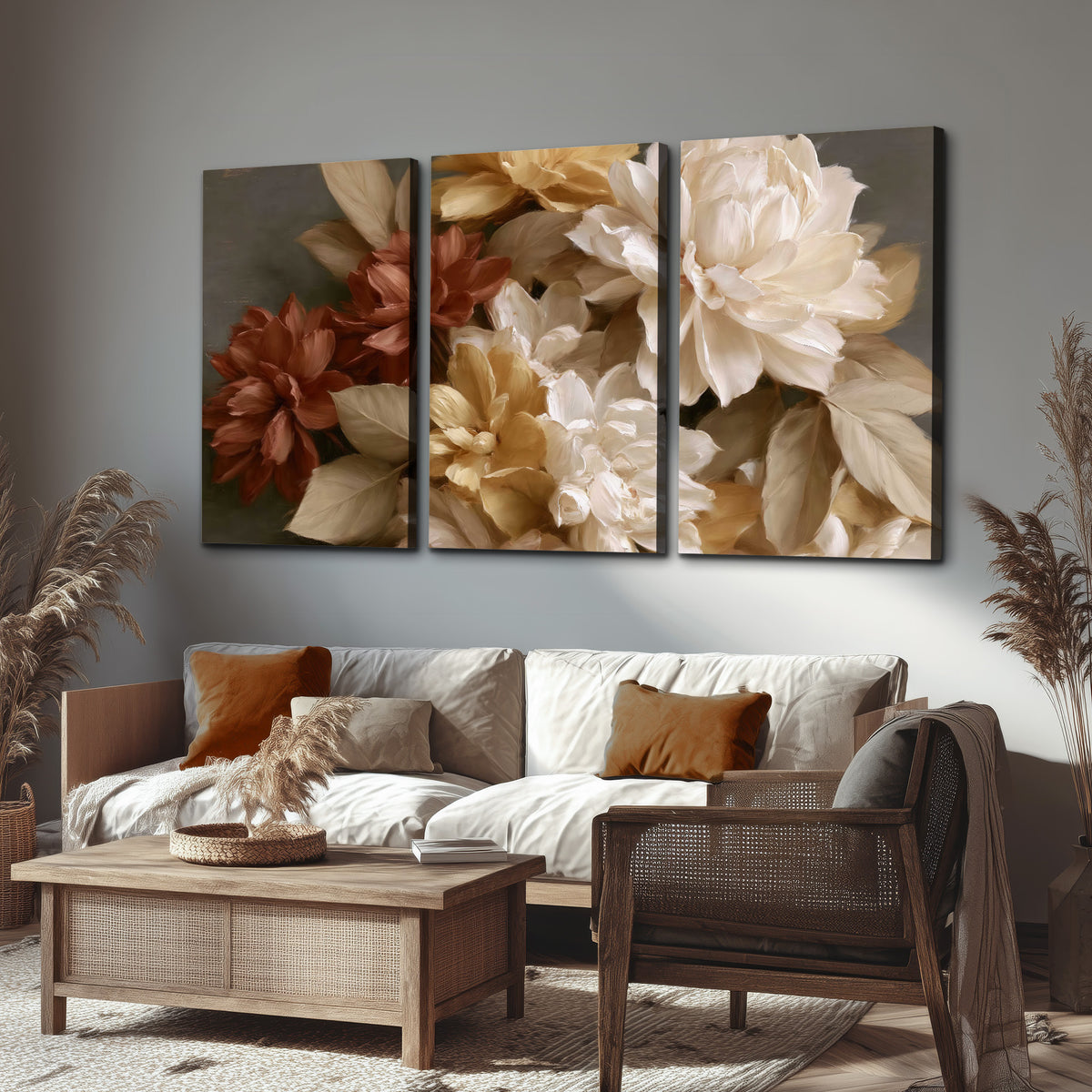 Full cream and rust-colored peonies in a softly shadowed still-life arrangement 3 piece canvas wall art displayed in a rustic living room