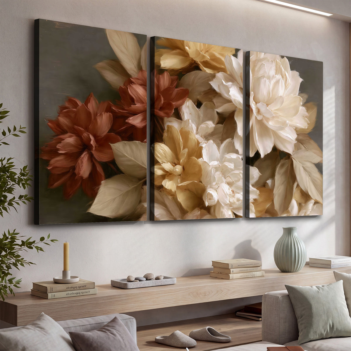 Full cream and rust-colored peonies in a softly shadowed still-life arrangement 3 piece canvas wall art displayed in a console