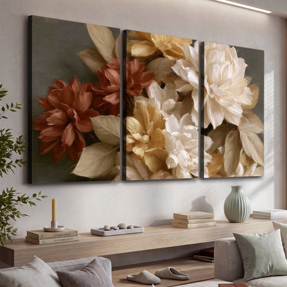 Full cream and rust-colored peonies in a softly shadowed still-life arrangement 3 piece canvas wall art displayed in a console