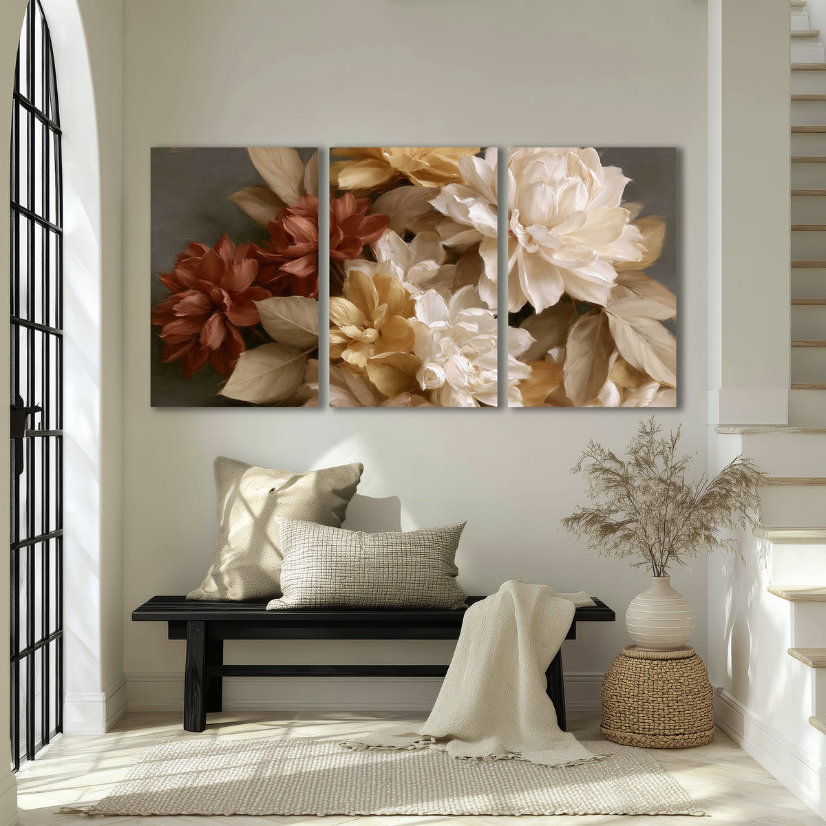 Full cream and rust-colored peonies in a softly shadowed still-life arrangement 3 piece canvas wall art displayed in a entryway