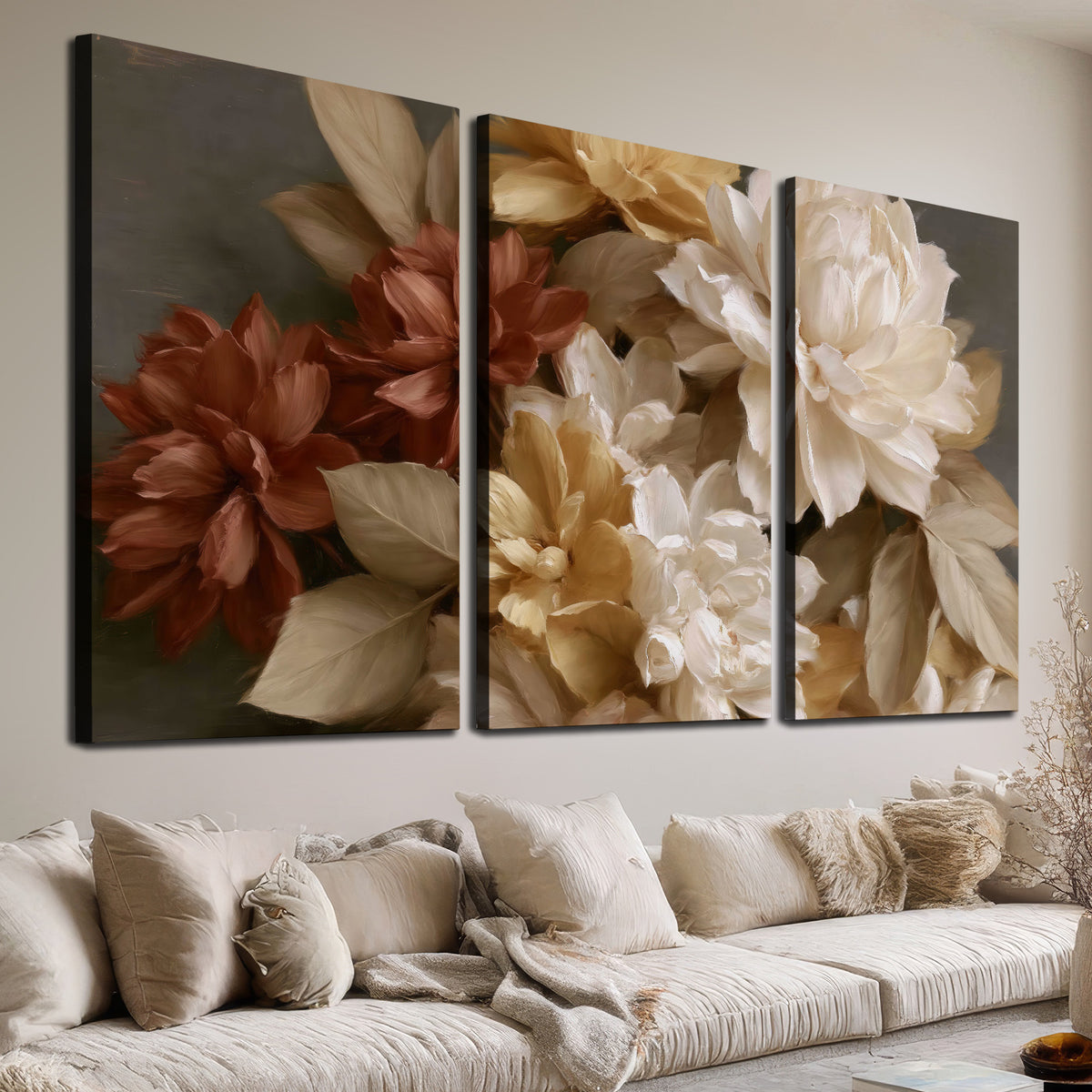 Full cream and rust-colored peonies in a softly shadowed still-life arrangement 3 piece canvas wall art room and product view