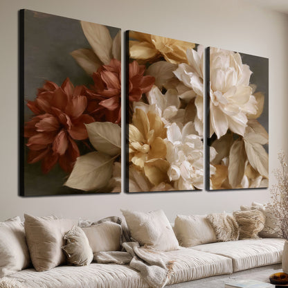 Full cream and rust-colored peonies in a softly shadowed still-life arrangement 3 piece canvas wall art room and product view