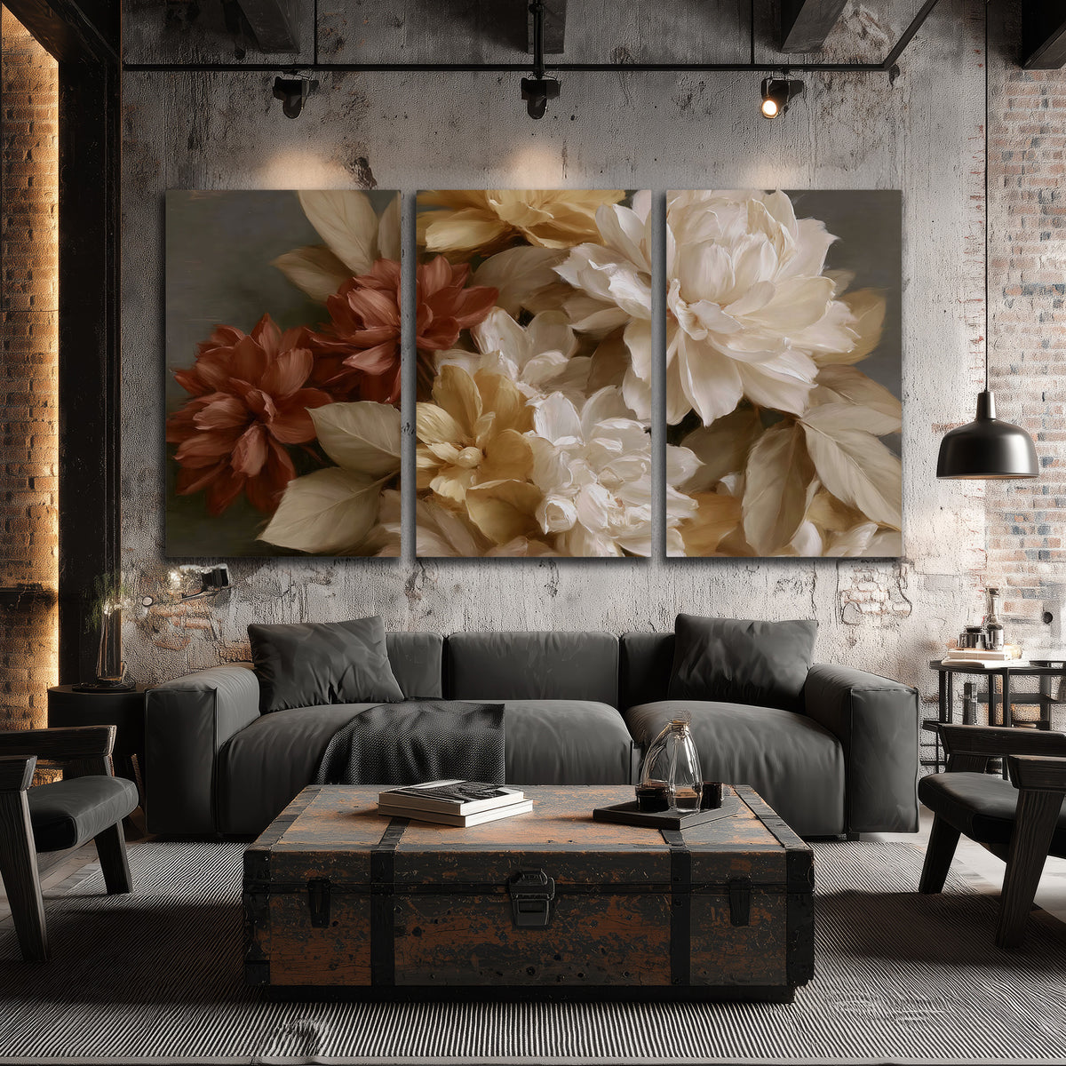 Full cream and rust-colored peonies in a softly shadowed still-life arrangement 3 piece canvas wall art displayed in a industrial room