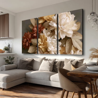 Full cream and rust-colored peonies in a softly shadowed still-life arrangement 3 piece canvas wall art room and product view