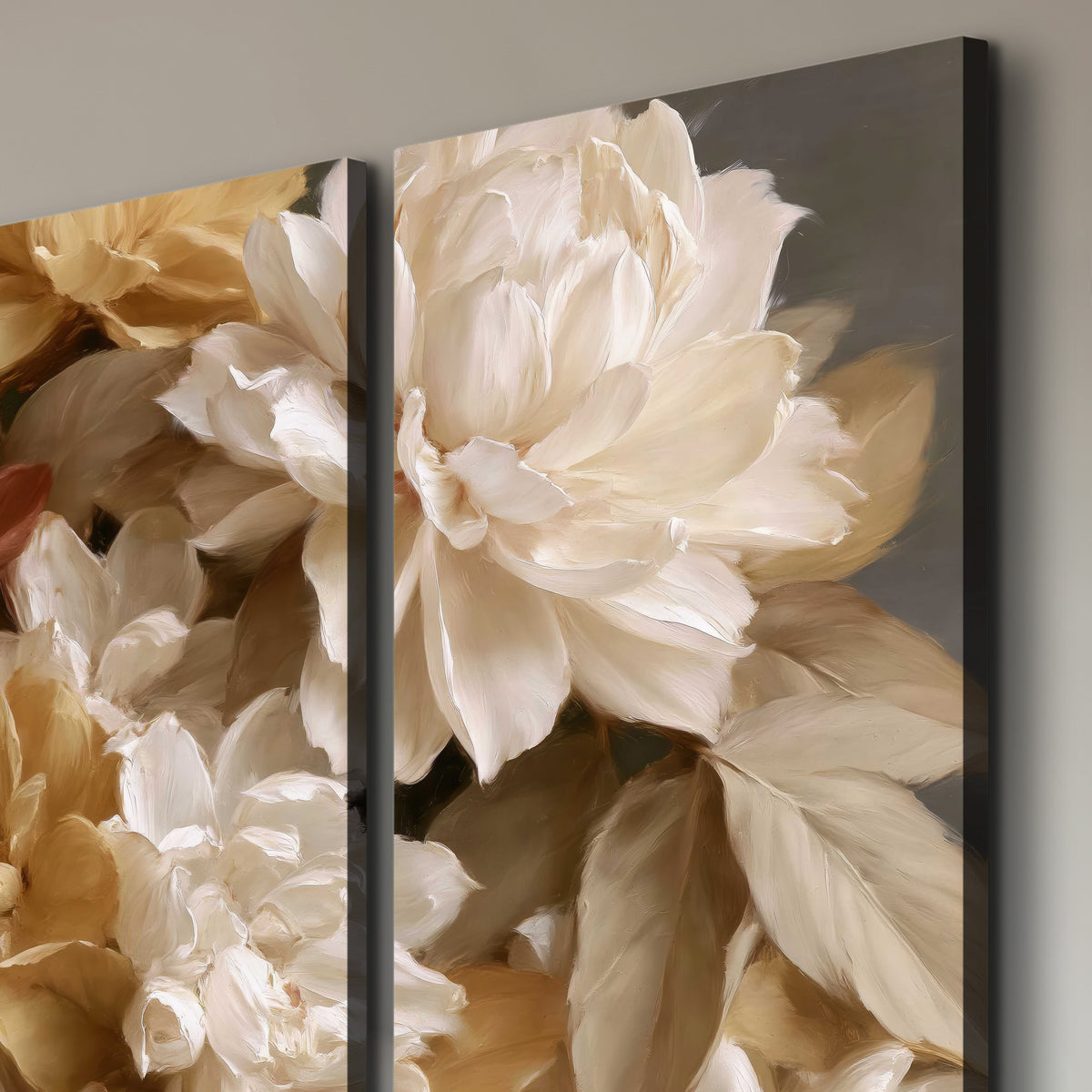 Full cream and rust-colored peonies in a softly shadowed still-life arrangement 3 piece canvas wall art room and product view
