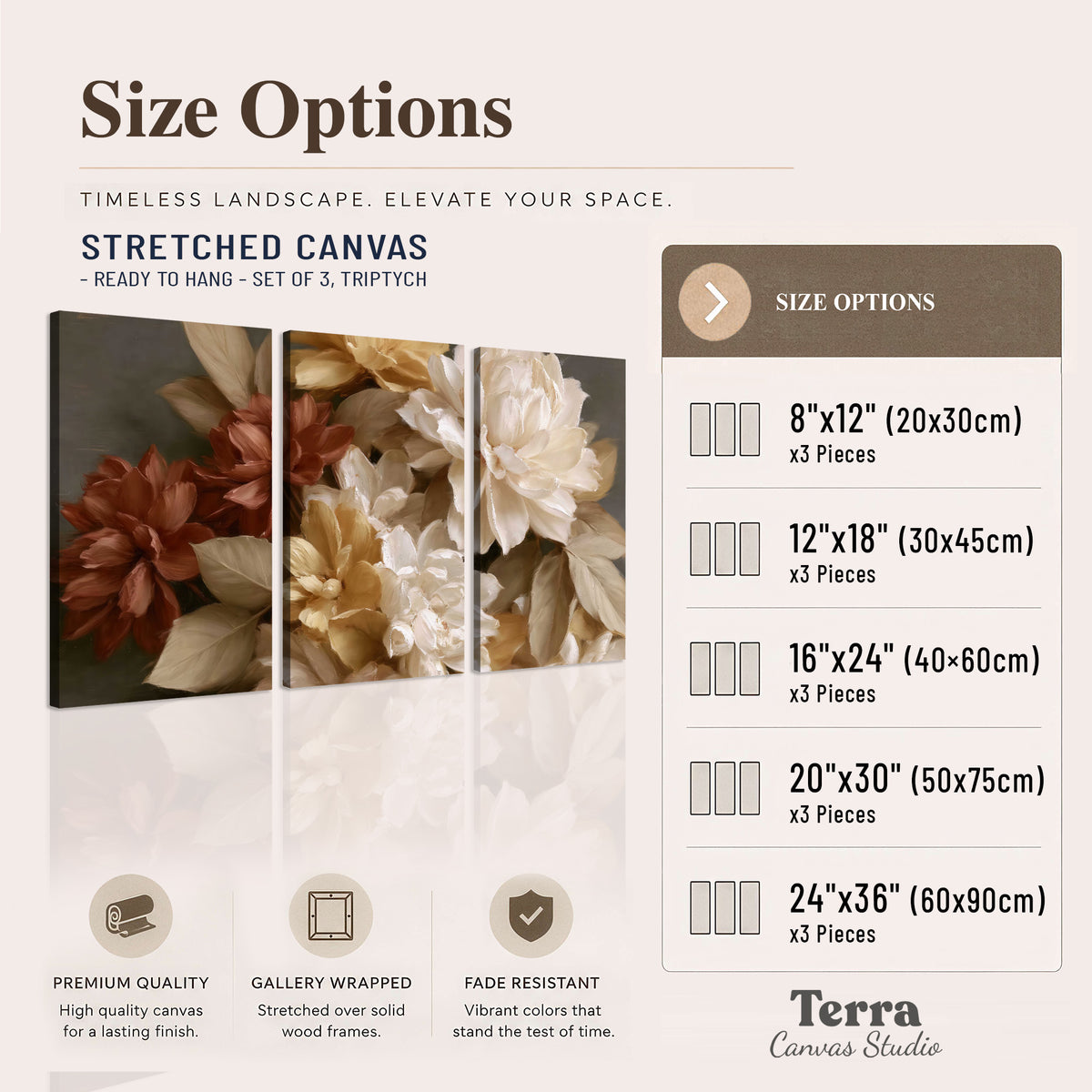 Full cream and rust-colored peonies in a softly shadowed still-life arrangement 3 piece canvas wall art available dimensions; triptych dimensions are per panel