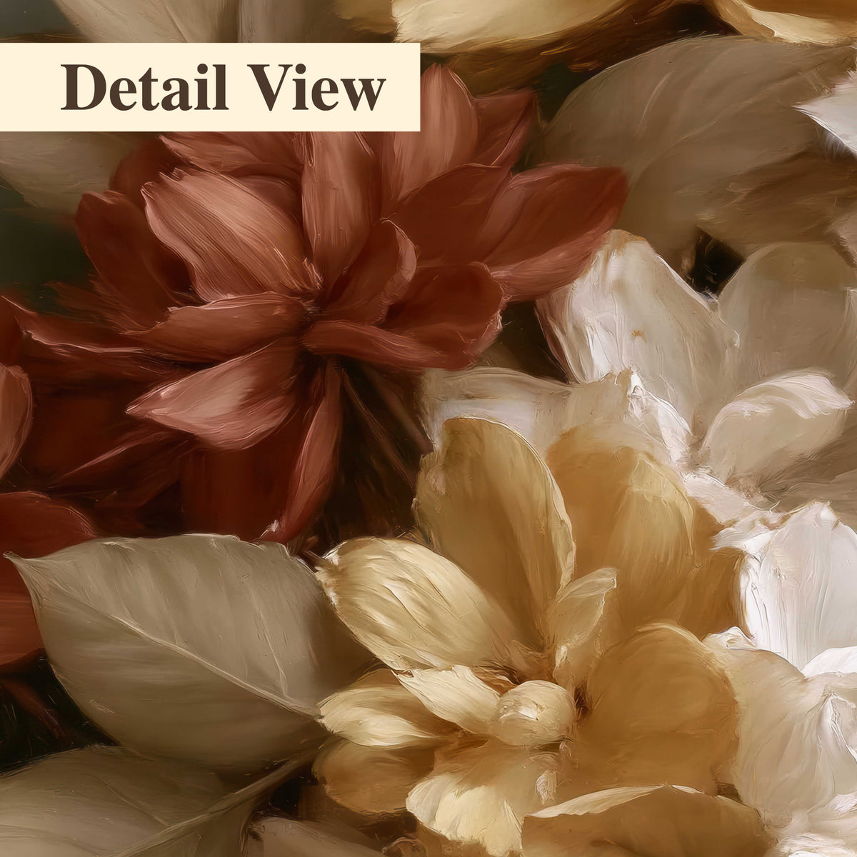 Full cream and rust-colored peonies in a softly shadowed still-life arrangement 3 piece canvas wall art artwork detail close up