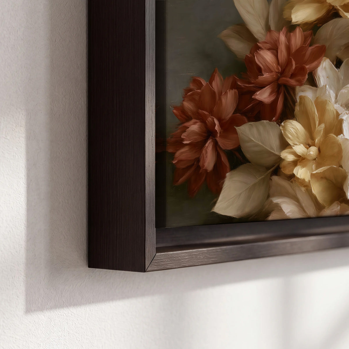 Full cream and rust-colored peonies in a softly shadowed still-life arrangement 3 piece framed canvas wall art material and edge close up