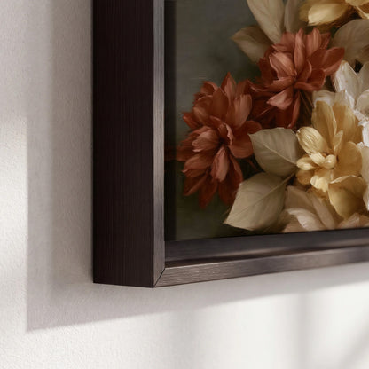 Full cream and rust-colored peonies in a softly shadowed still-life arrangement 3 piece framed canvas wall art material and edge close up