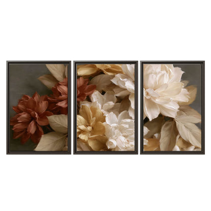 Full cream and rust-colored peonies in a softly shadowed still-life arrangement 3 piece framed canvas wall art viewed straight on