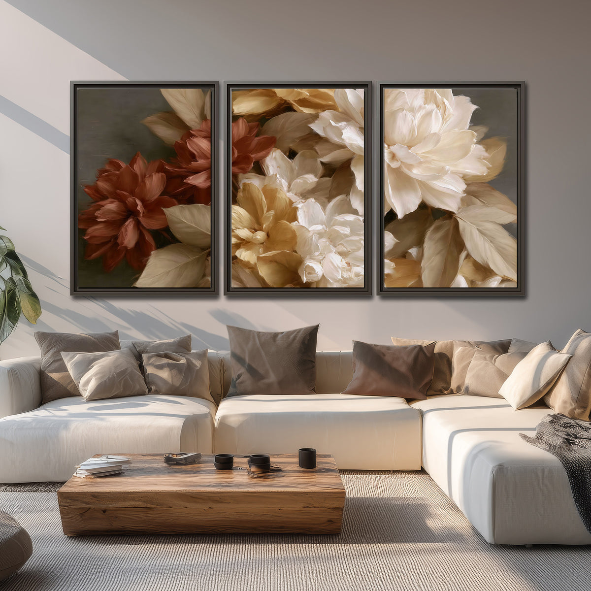 Full cream and rust-colored peonies in a softly shadowed still-life arrangement 3 piece framed canvas wall art displayed in a living room