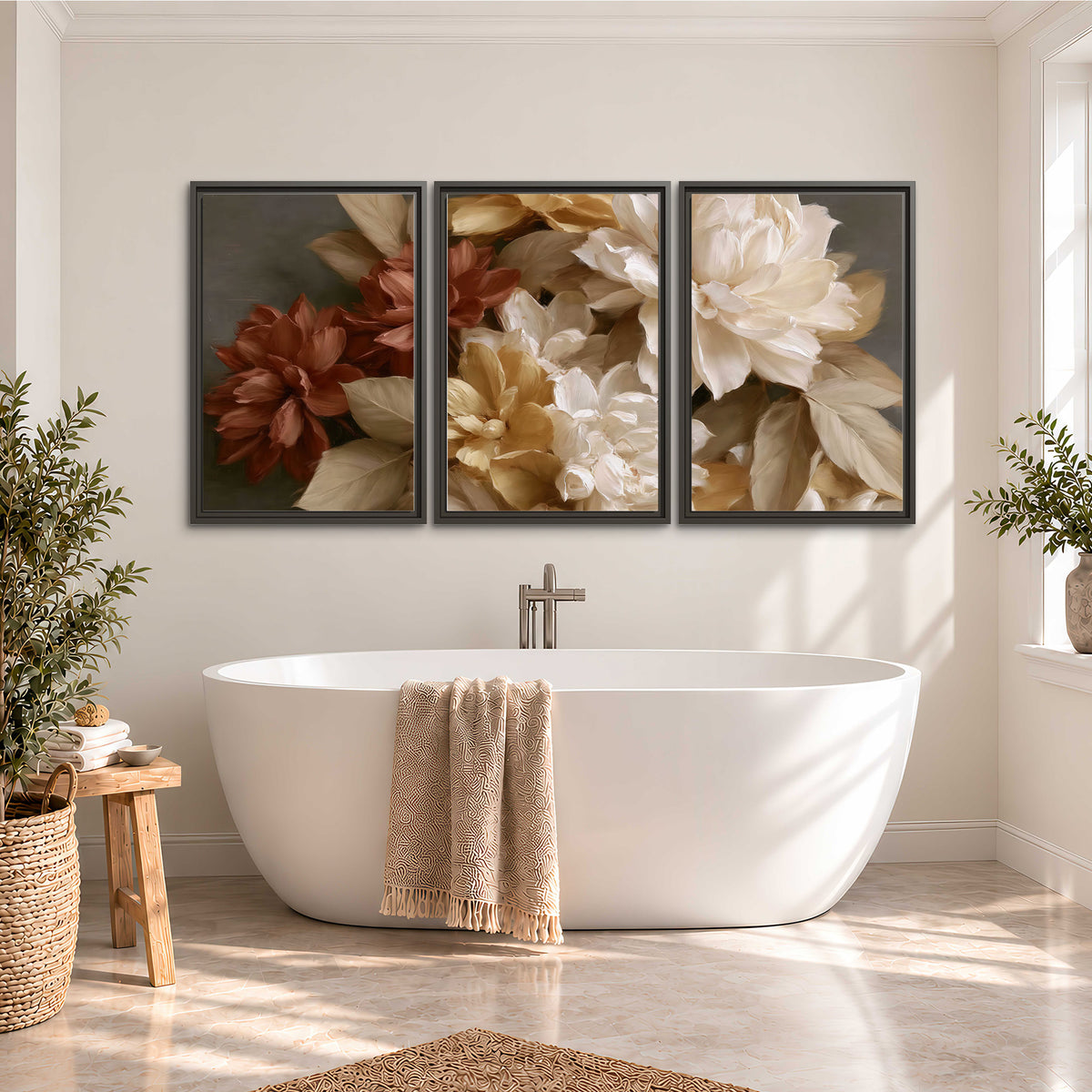 Full cream and rust-colored peonies in a softly shadowed still-life arrangement 3 piece framed canvas wall art styled in an interior