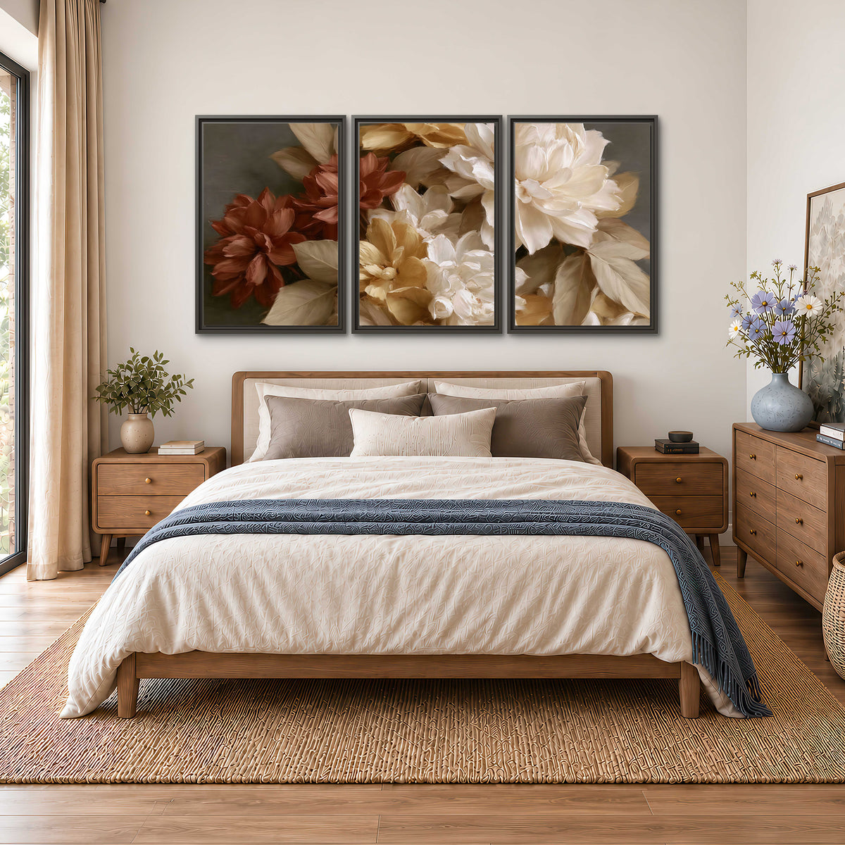 Full cream and rust-colored peonies in a softly shadowed still-life arrangement 3 piece framed canvas wall art styled in an interior