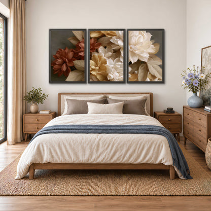 Full cream and rust-colored peonies in a softly shadowed still-life arrangement 3 piece framed canvas wall art styled in an interior