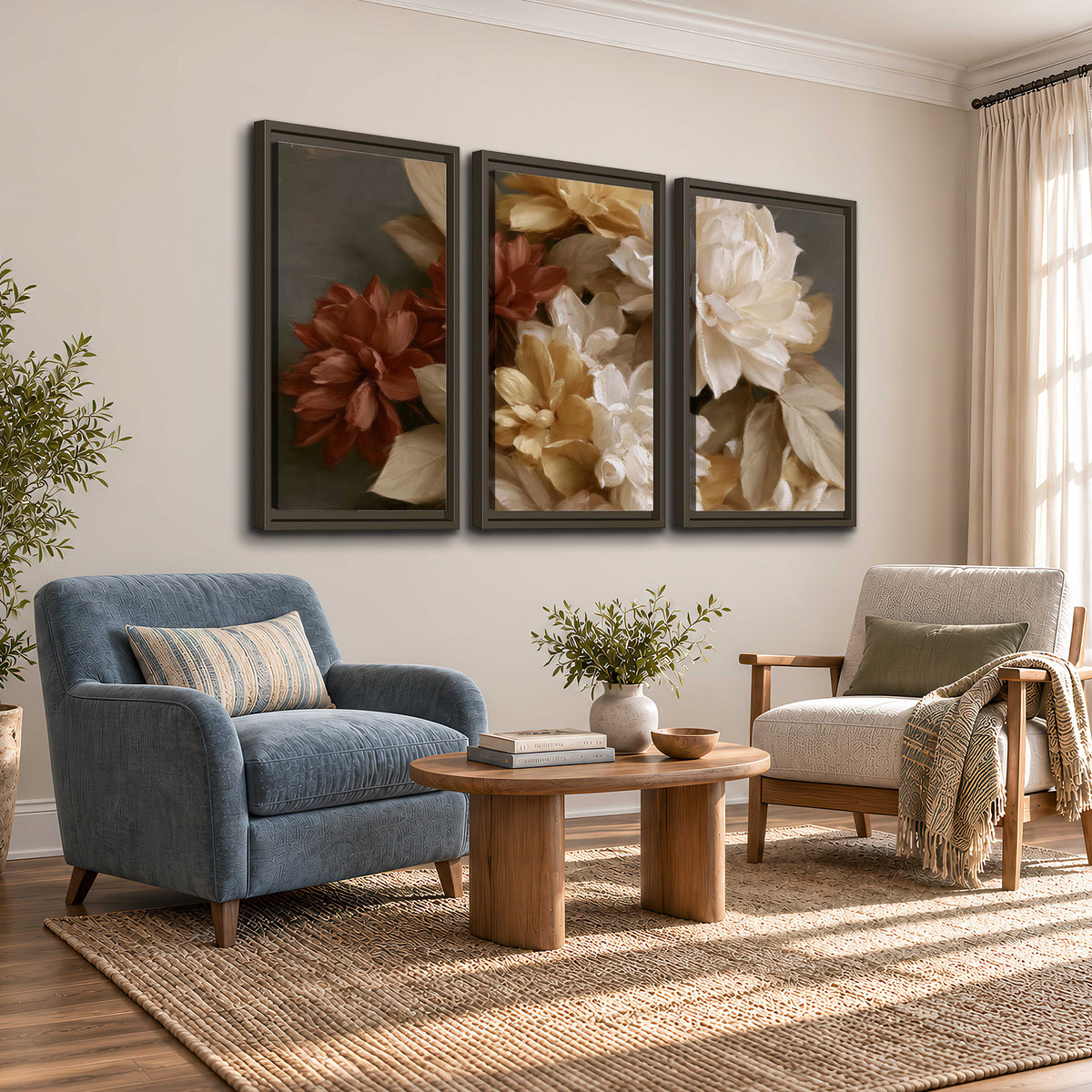 Full cream and rust-colored peonies in a softly shadowed still-life arrangement 3 piece framed canvas wall art styled in an interior