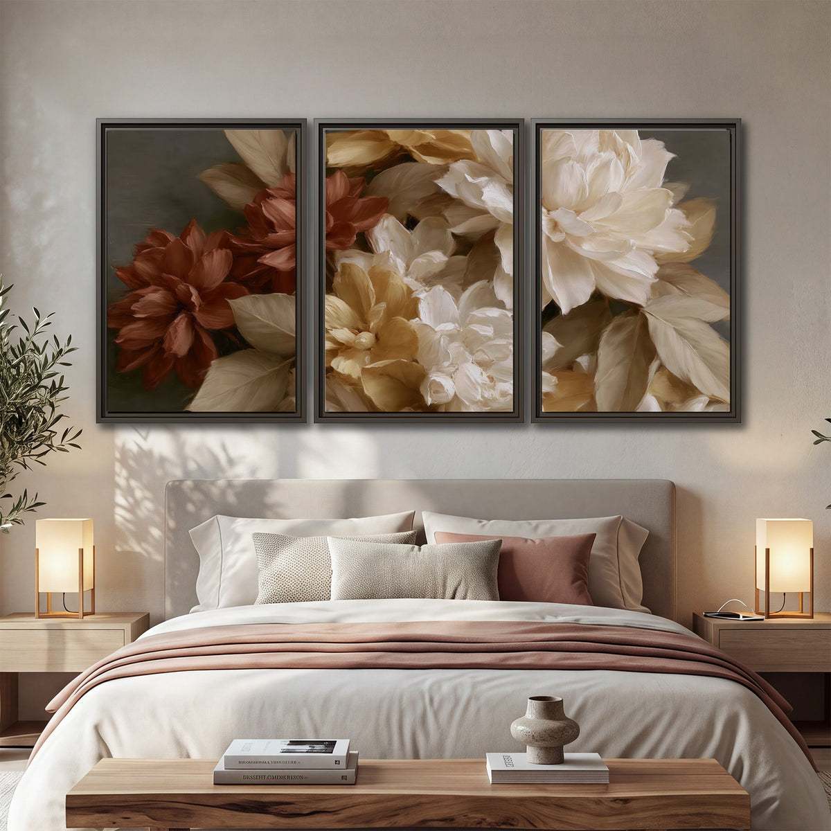 Full cream and rust-colored peonies in a softly shadowed still-life arrangement 3 piece framed canvas wall art displayed in a bedroom