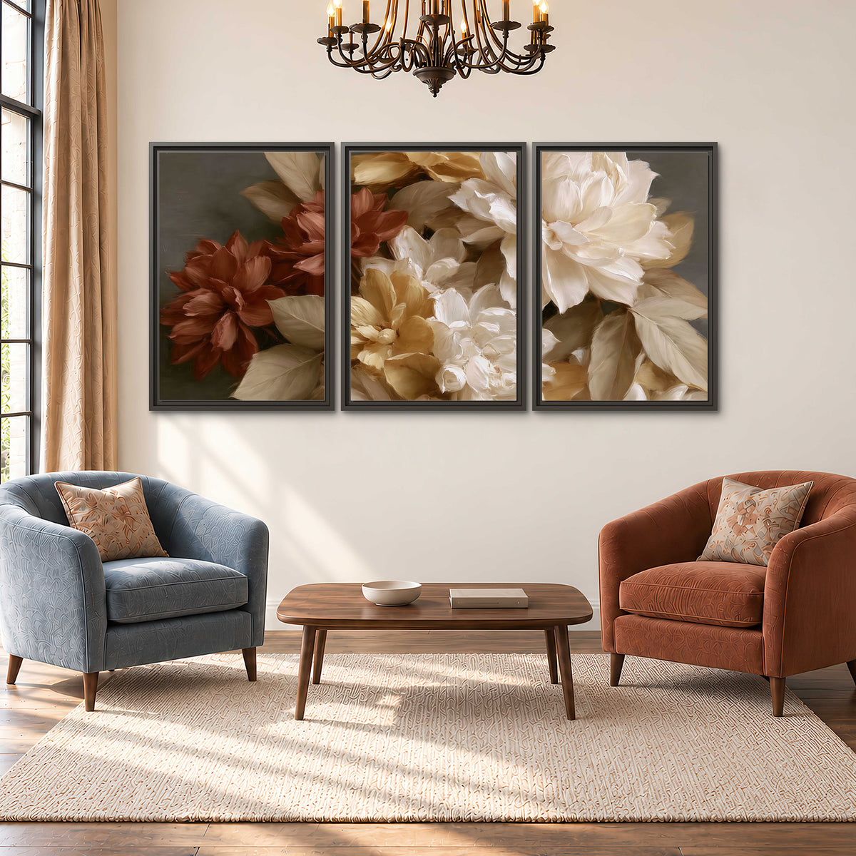 Full cream and rust-colored peonies in a softly shadowed still-life arrangement 3 piece framed canvas wall art styled in an interior