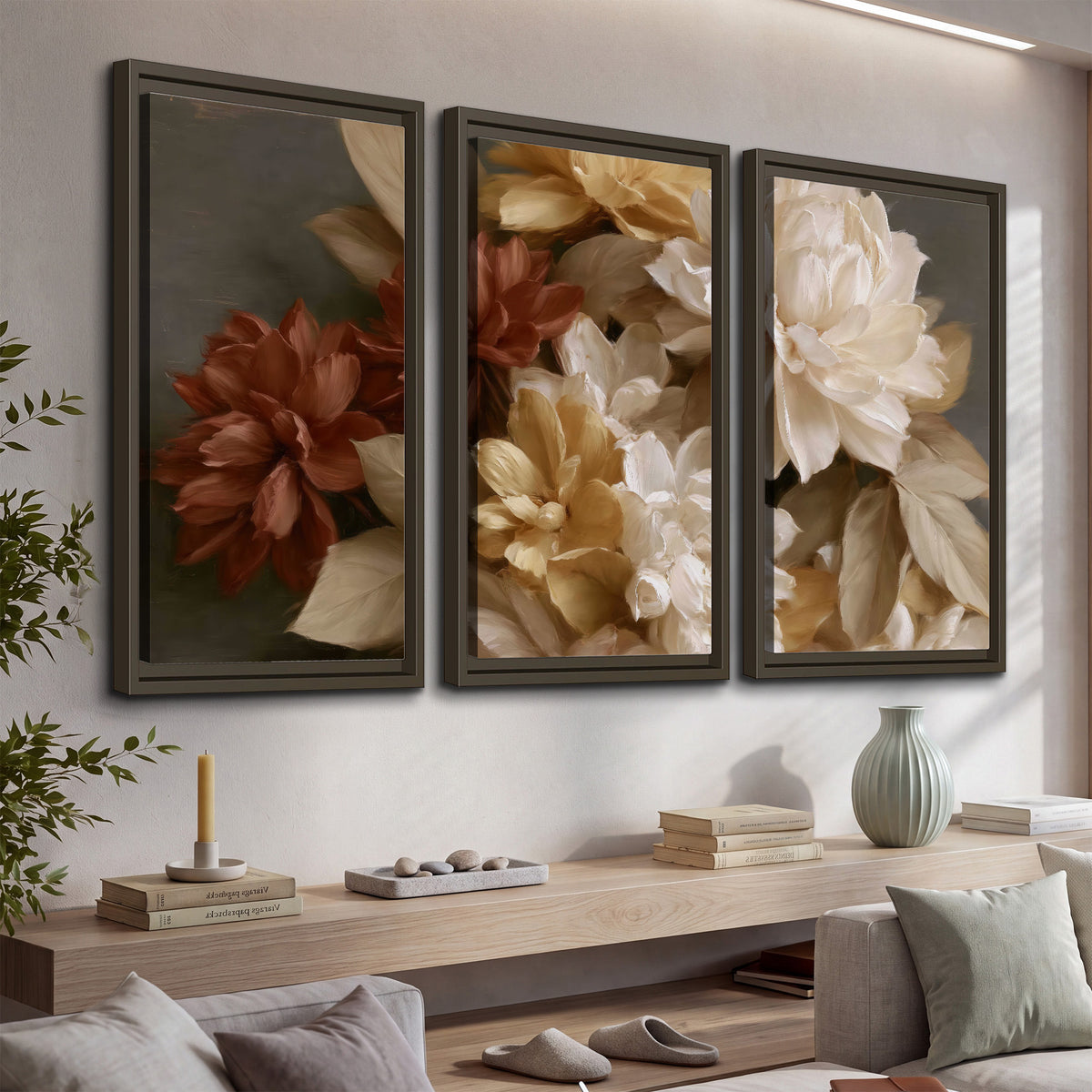 Full cream and rust-colored peonies in a softly shadowed still-life arrangement 3 piece framed canvas wall art displayed in a console
