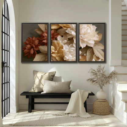 Full cream and rust-colored peonies in a softly shadowed still-life arrangement 3 piece framed canvas wall art displayed in a entryway