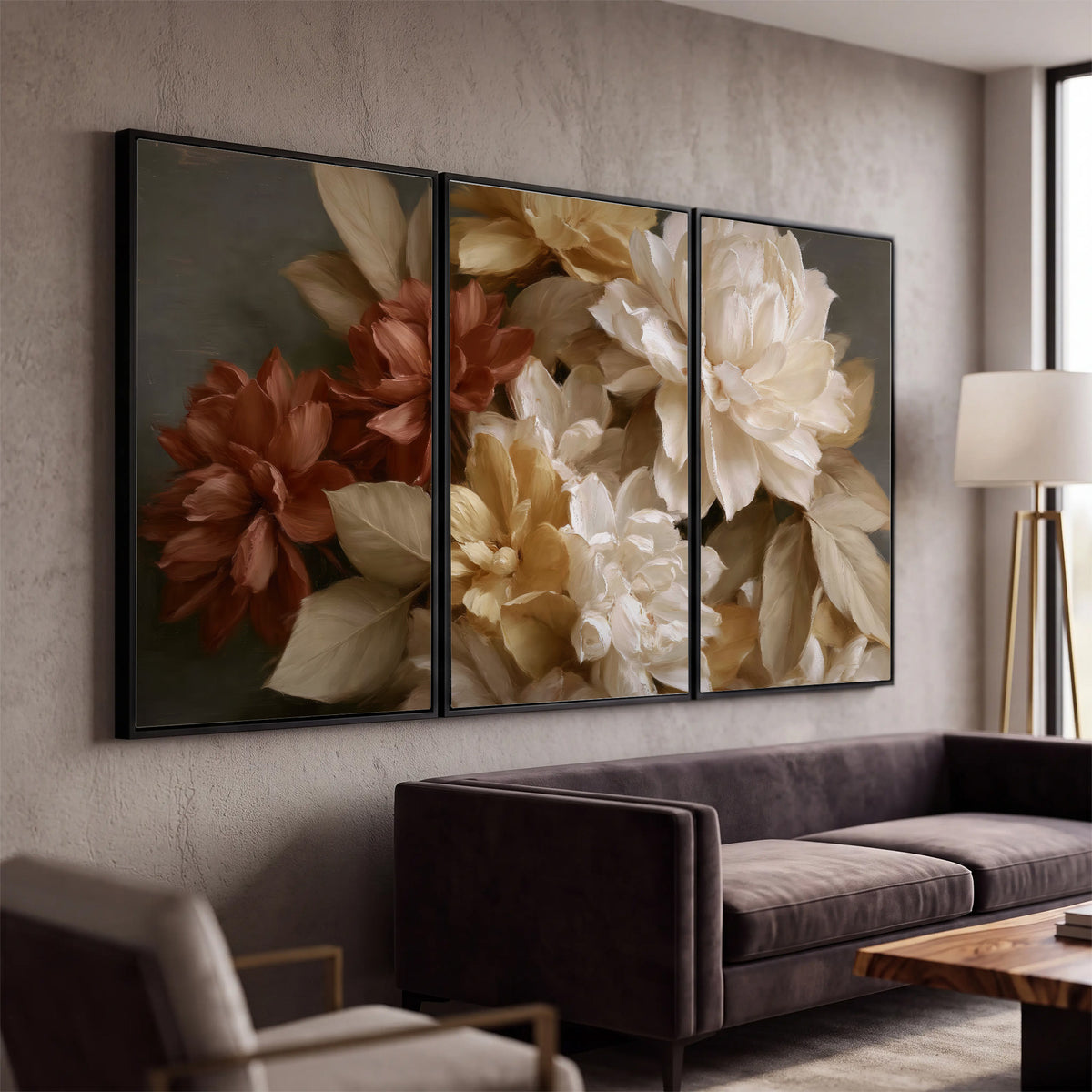 Full cream and rust-colored peonies in a softly shadowed still-life arrangement 3 piece framed canvas wall art displayed in a modern living room