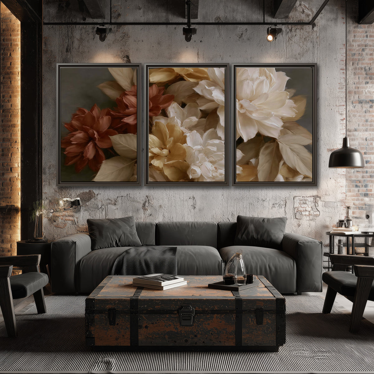 Full cream and rust-colored peonies in a softly shadowed still-life arrangement 3 piece framed canvas wall art displayed in a industrial room