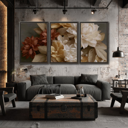 Full cream and rust-colored peonies in a softly shadowed still-life arrangement 3 piece framed canvas wall art displayed in a industrial room