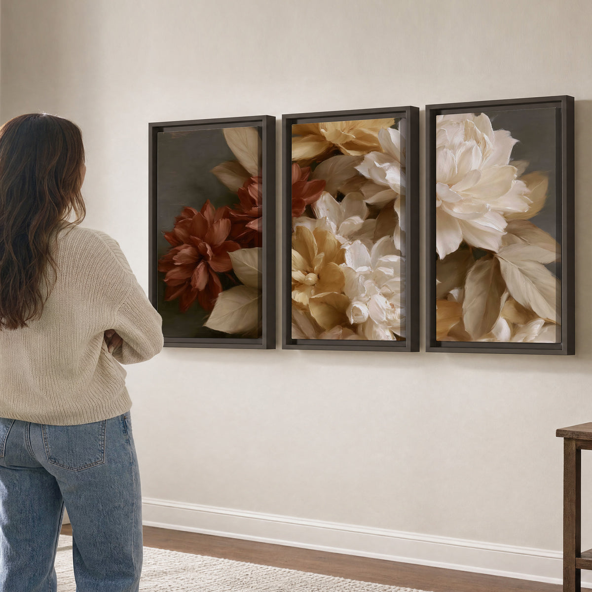 Full cream and rust-colored peonies in a softly shadowed still-life arrangement 3 piece framed canvas wall art three panel arrangement on a wall