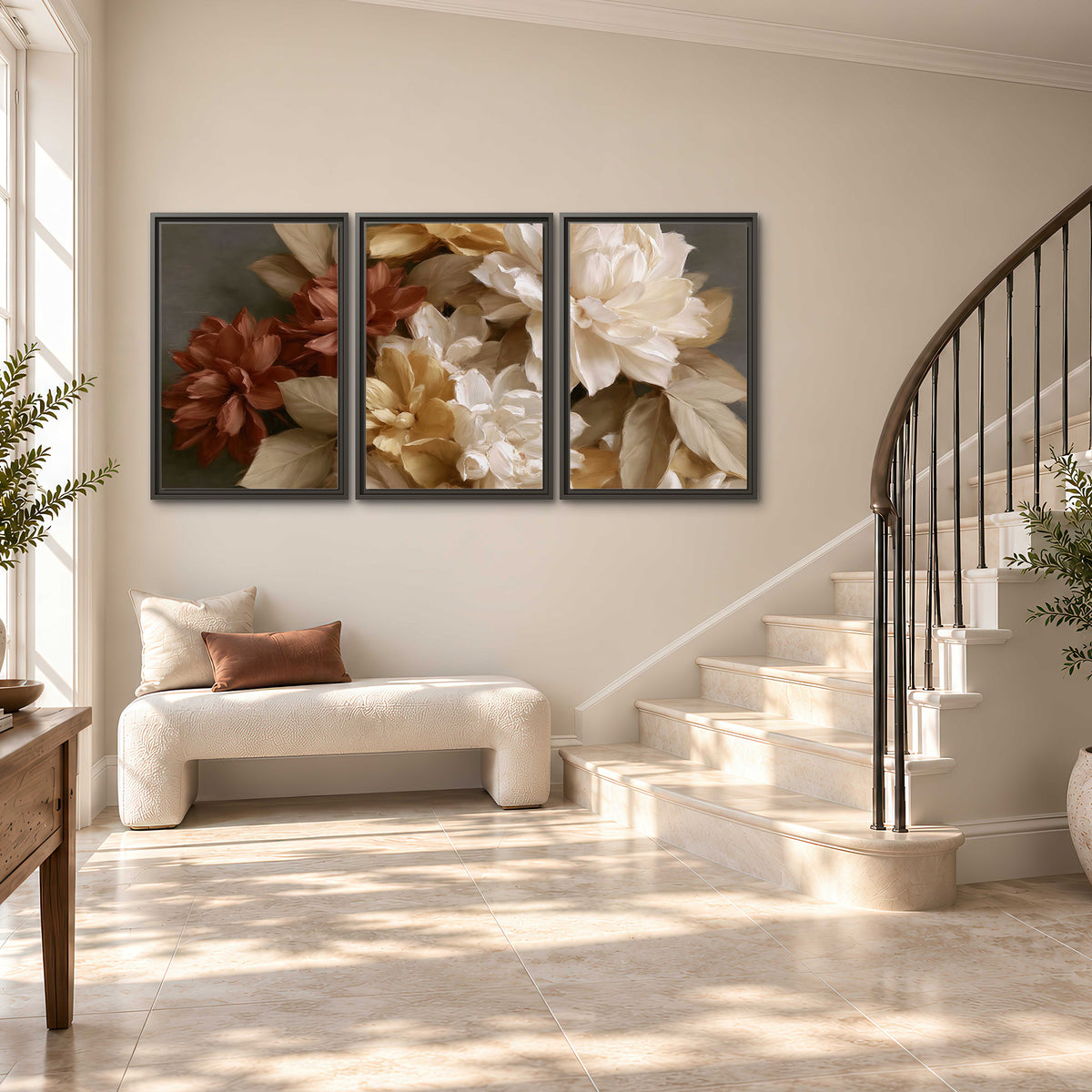Full cream and rust-colored peonies in a softly shadowed still-life arrangement 3 piece framed canvas wall art styled in an interior