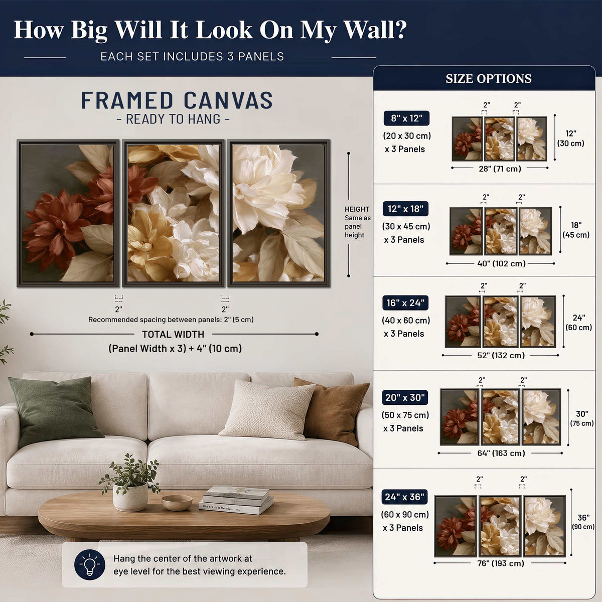 Full cream and rust-colored peonies in a softly shadowed still-life arrangement 3 piece framed canvas wall art size guide above a sofa; room view is illustrative