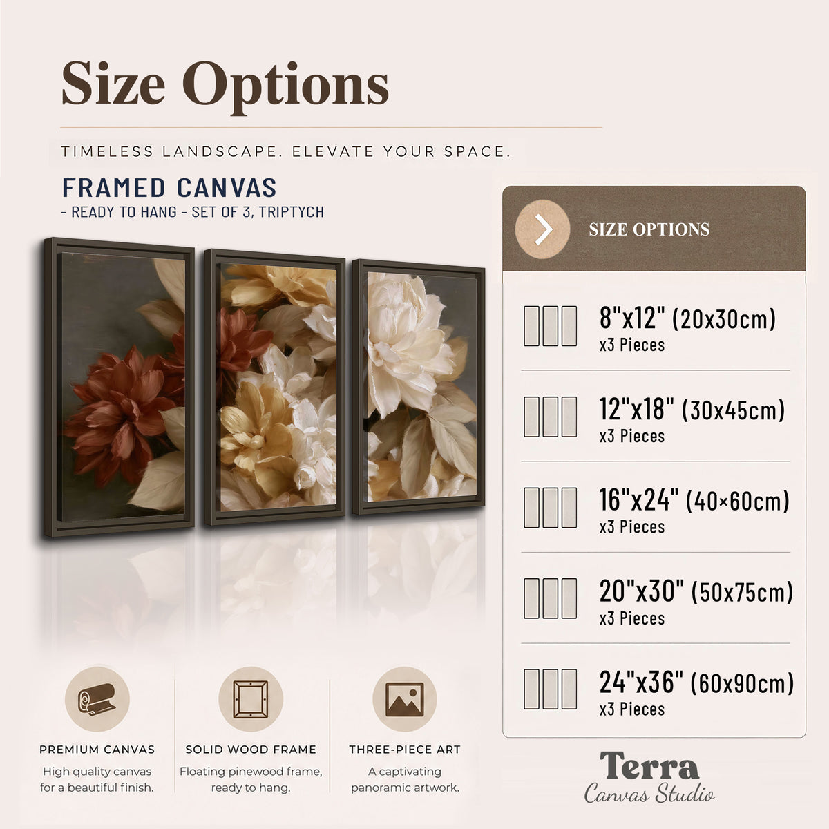 Full cream and rust-colored peonies in a softly shadowed still-life arrangement 3 piece framed canvas wall art available dimensions; triptych dimensions are per panel