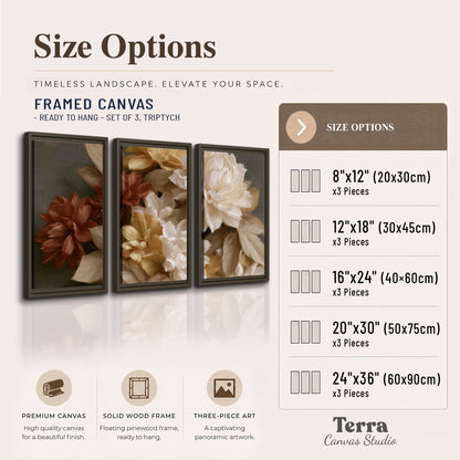 Full cream and rust-colored peonies in a softly shadowed still-life arrangement 3 piece framed canvas wall art available dimensions; triptych dimensions are per panel
