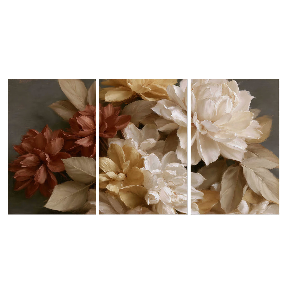 Full cream and rust-colored peonies in a softly shadowed still-life arrangement set of 3 poster prints viewed straight on