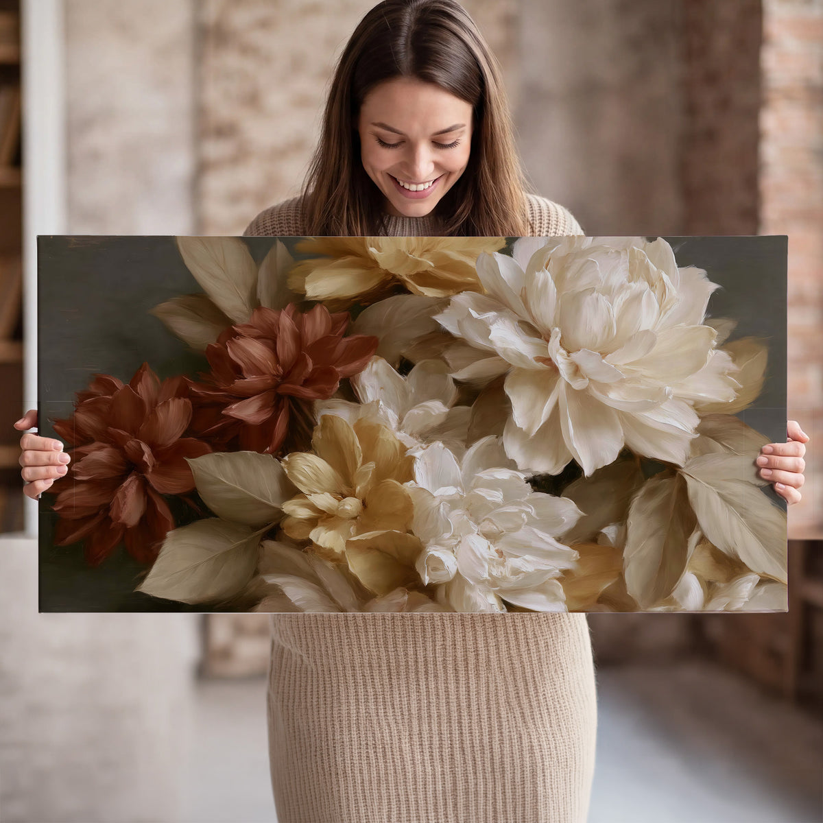Full cream and rust-colored peonies in a softly shadowed still-life arrangement single canvas wall art held in hands