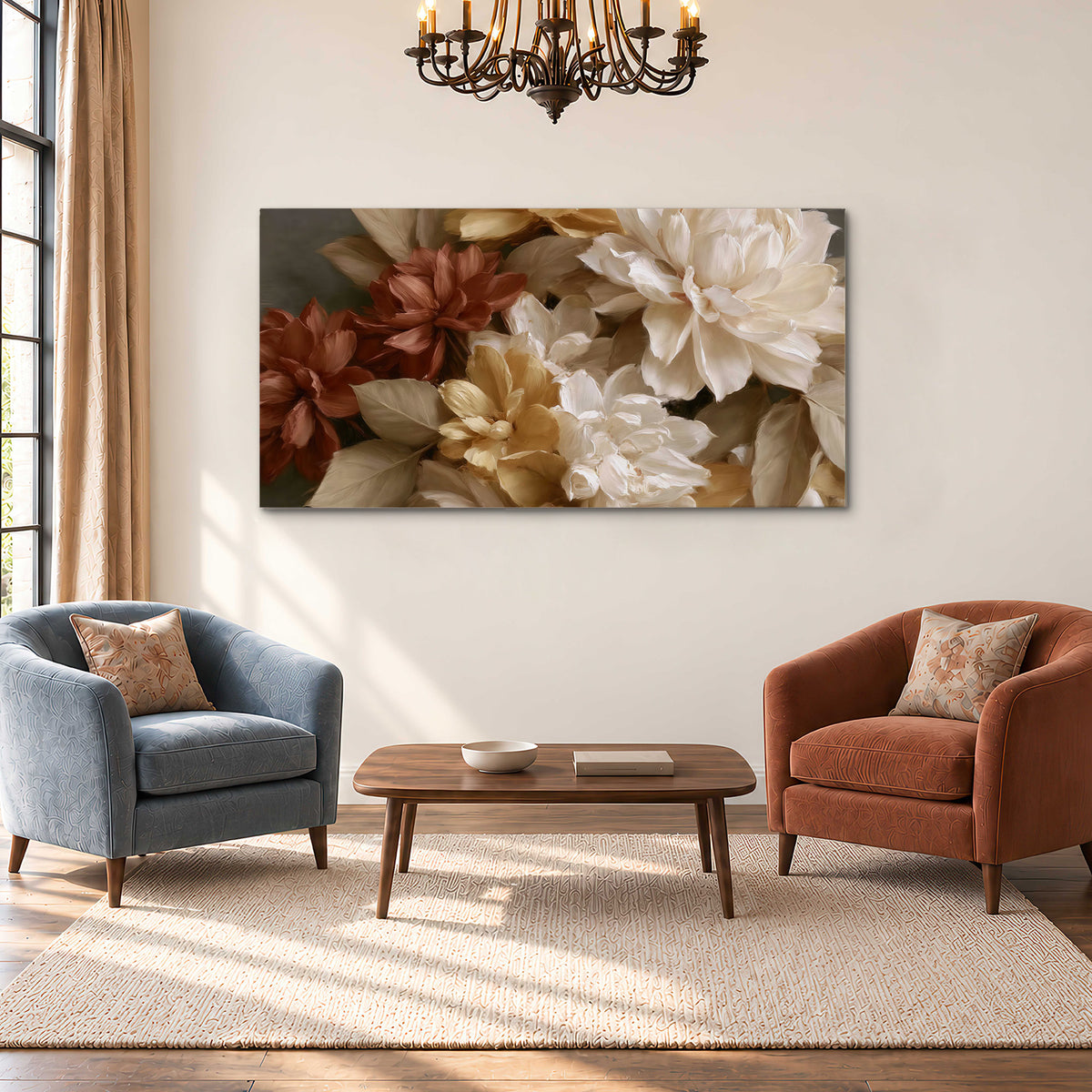 Full cream and rust-colored peonies in a softly shadowed still-life arrangement single canvas wall art styled in an interior