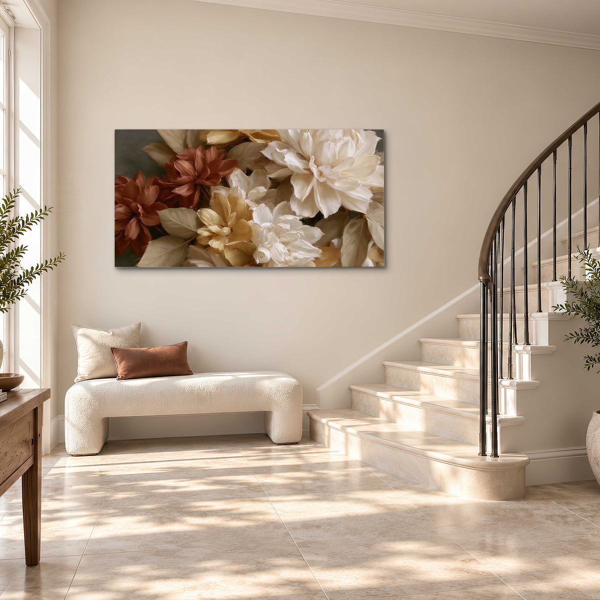 Full cream and rust-colored peonies in a softly shadowed still-life arrangement single canvas wall art styled in an interior
