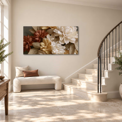 Full cream and rust-colored peonies in a softly shadowed still-life arrangement single canvas wall art styled in an interior