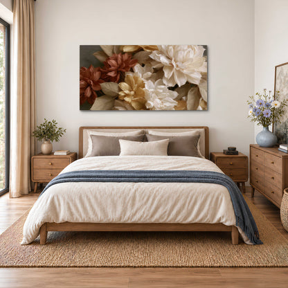 Full cream and rust-colored peonies in a softly shadowed still-life arrangement single canvas wall art styled in an interior