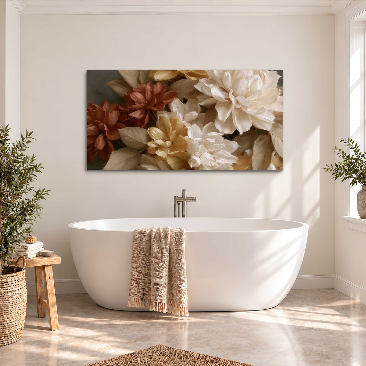 Full cream and rust-colored peonies in a softly shadowed still-life arrangement single canvas wall art styled in an interior